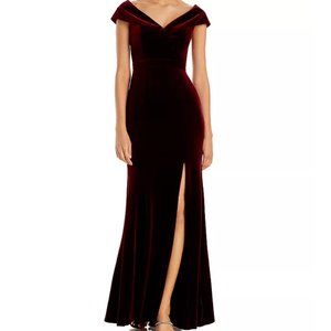 Aqua Off-Shoulder Burgundy Velvet Gown ***HEMMED